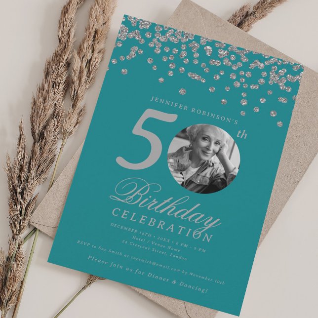 Invitation Photo 50e anniversaire Silver Confetti Turquoise (Photo 50th Birthday Silver Confetti Turquoise Invitation)