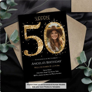 Invitation Photo 50e Anniversaire Surprise Paillettes Dorées