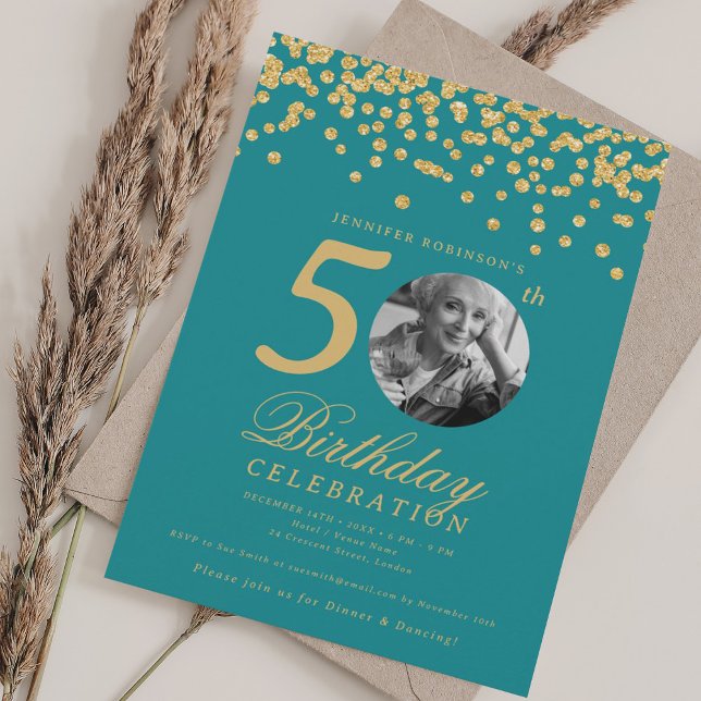 Invitation Photo 50th Birthday Gold Confetti Turquoise (Photo 50th Birthday Gold Confetti Turquoise Invitation)