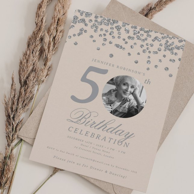 Invitation Photo 50th Birthday Silver Confetti Champagne (Photo 50th Birthday Silver Confetti Champagne Invitation)