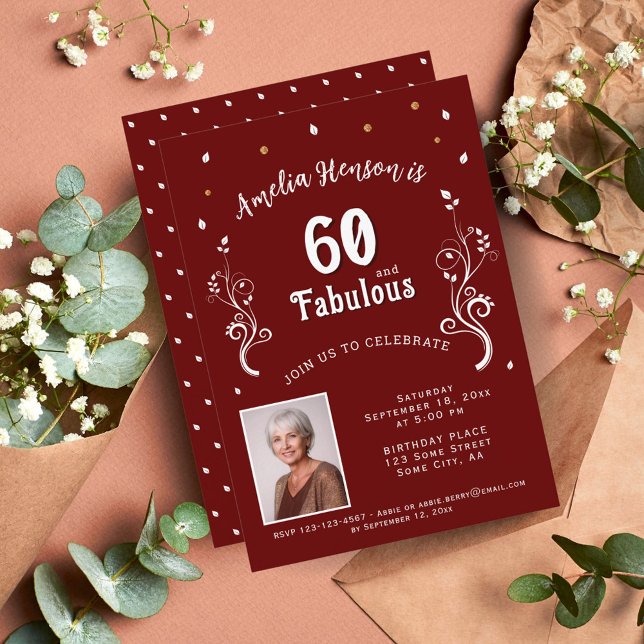 Invitation Photo 60 ans et feuillage fabuleux rouge (Créateur téléchargé)