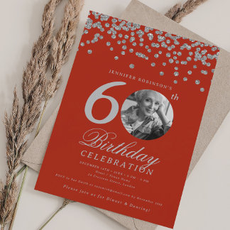 Invitation Photo 60e anniversaire Argent Confetti Champagne R