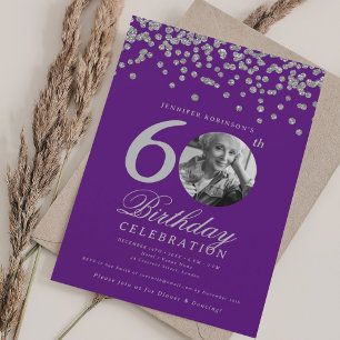 Invitation Photo 60e anniversaire Argent Confetti violet