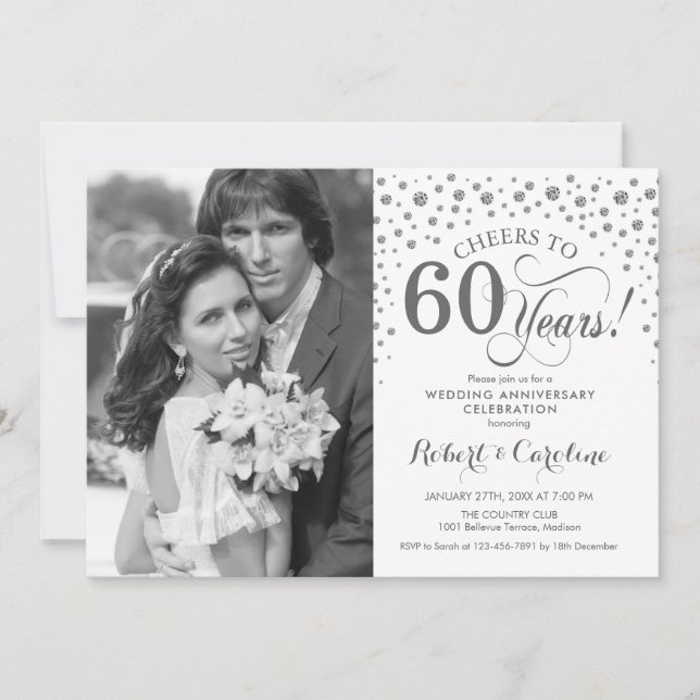 Invitation Photo 60e anniversaire de mariage - Argent blanc (Devant)