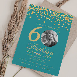 Invitation Photo 60e anniversaire Gold Confetti Turquoise