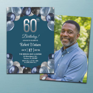 Invitation Photo 60e Anniversaire Paillettes Bleu Élégant Arg