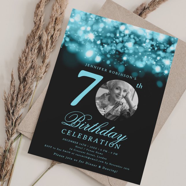 Invitation Photo 70th Birthday Turquoise Midnight Glam (Photo 70th Birthday Turquoise Midnight Glam Invitation)