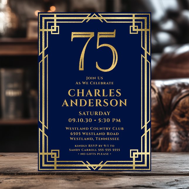 Invitation Photo 75e anniversaire bleu marine or (Créateur téléchargé)