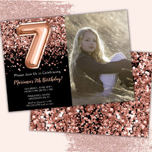 Invitation Photo 7e Anniversaire Rose Noir Paillettes Dorées 