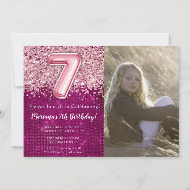 Invitation Photo 7th Girly Magenta Parties scintillant rose A (Devant)