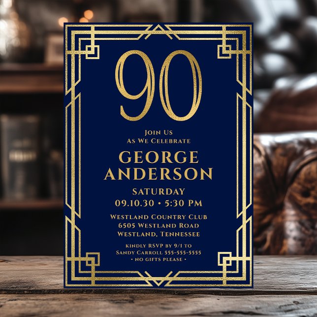 Invitation Photo 90e anniversaire bleu marine et or (Créateur téléchargé)
