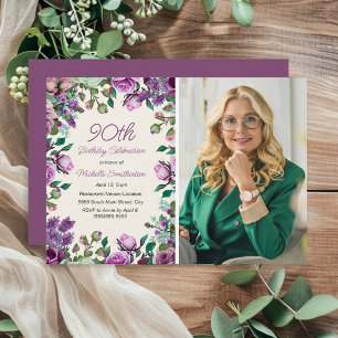 Invitation Photo 90e Anniversaire Fleurs Vert Menthe Violet