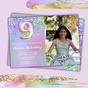 Invitation Photo 9e Anniversaire Fête Rose Violet Paillettes