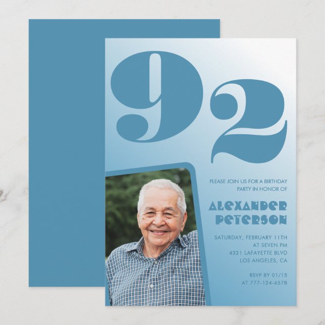 Invitation Photo à dégradé bleu rétro 92e anniversaire (Devant / Derrière)