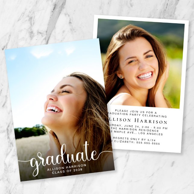 Invitation Photo à la mode White Script Graduation Party (A modern photo graduation announcement to celebrate the graduate's achievements)