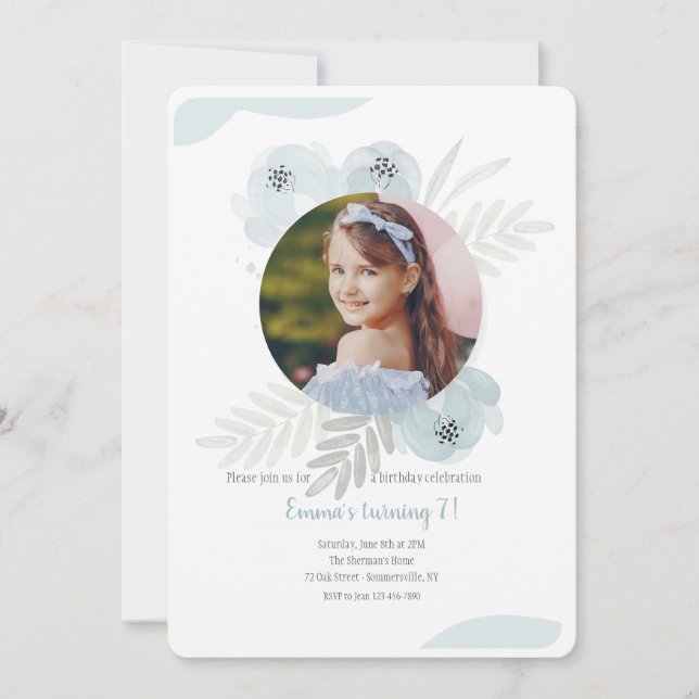 Invitation Photo à l'aquarelle bleu poussiéreux (Devant)