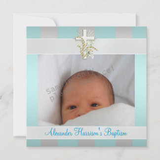 Invitation Photo à rayures blanches et bleues Croix Baptême C