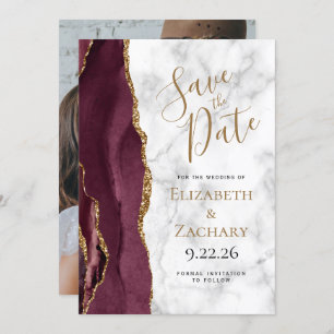 Invitation Photo Agate Burgundy Gold Marble Enregistrer la da
