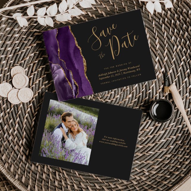 Invitation Photo Agate Or Or Foncé Mariage Enregistrer la Dat (Créateur téléchargé)