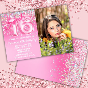 Invitation Photo Anniversaire 16 ans Paillettes Roses Sucré