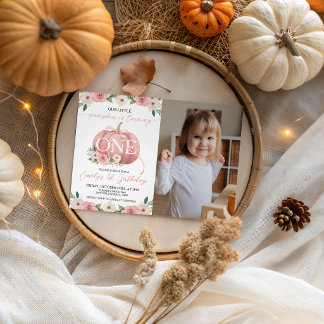 Invitation photo anniversaire 1 an Pink Floral Pum