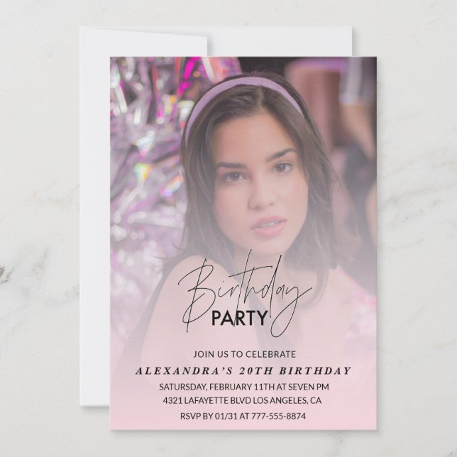 Invitation photo anniversaire 20 ans ombre rose fé (Devant)