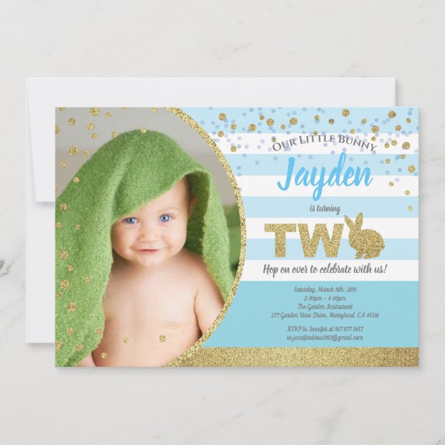 Invitation photo anniversaire 2 ans garçon lapin e (Devant)
