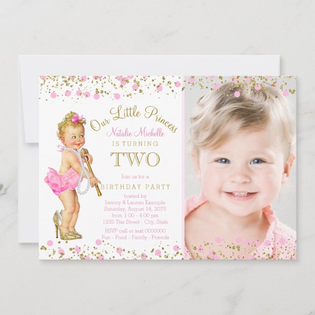 Invitation photo anniversaire 2 ans princesse rose (Devant)