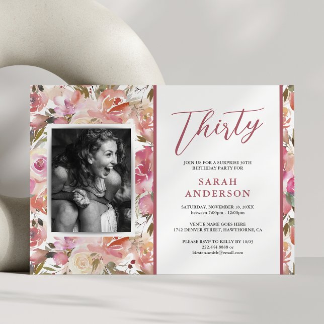 Invitation photo anniversaire 30 ans à fleurs rose (Créateur téléchargé)