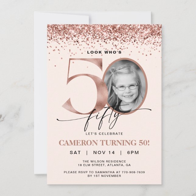 Invitation Photo Anniversaire 50 Ans Paillettes Or (Devant)
