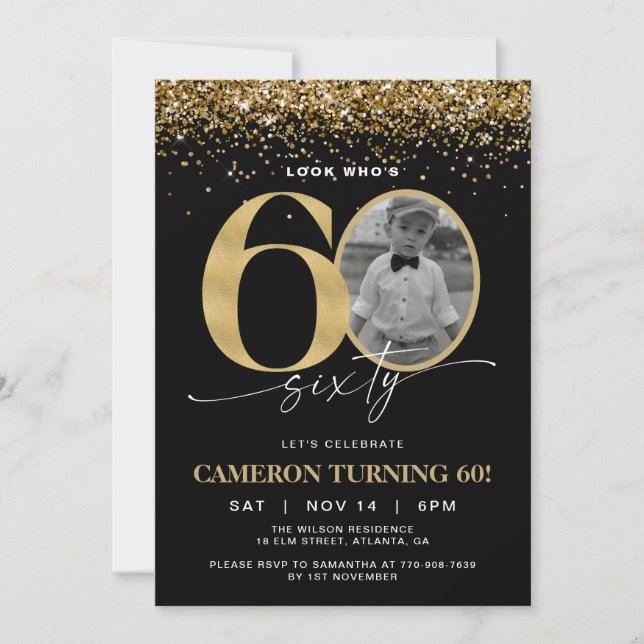 Invitation Photo Anniversaire 60 Ans Paillettes No (Devant)