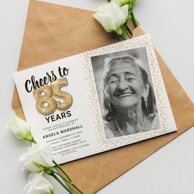 Invitation photo anniversaire 85 ans blanc et or m (Créateur téléchargé)