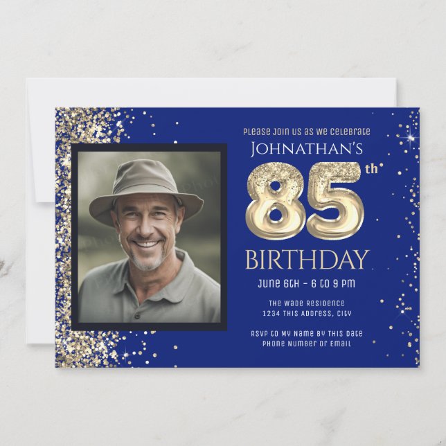 Invitation photo anniversaire 85 ans paillettes or (Devant)