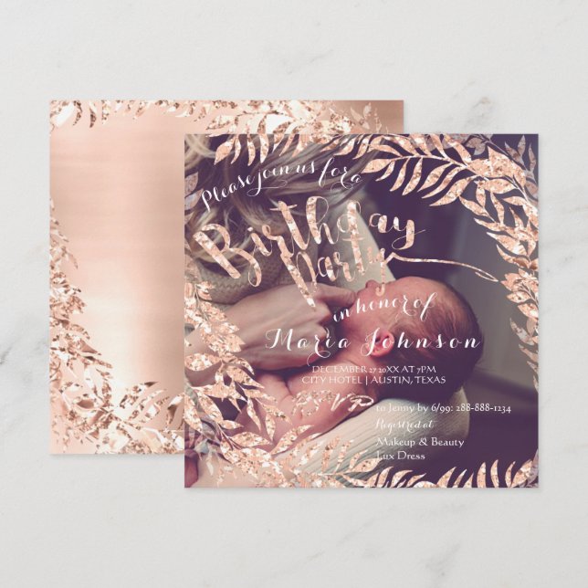 Invitation Photo Anniversaire Cadre Rose Or Blush Floral (Devant / Derrière)