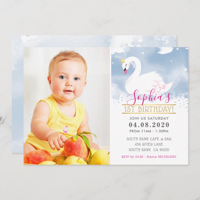 Invitation PHOTO ANNIVERSAIRE DE ENFANT PARTY cygne princesse (Devant / Derrière)
