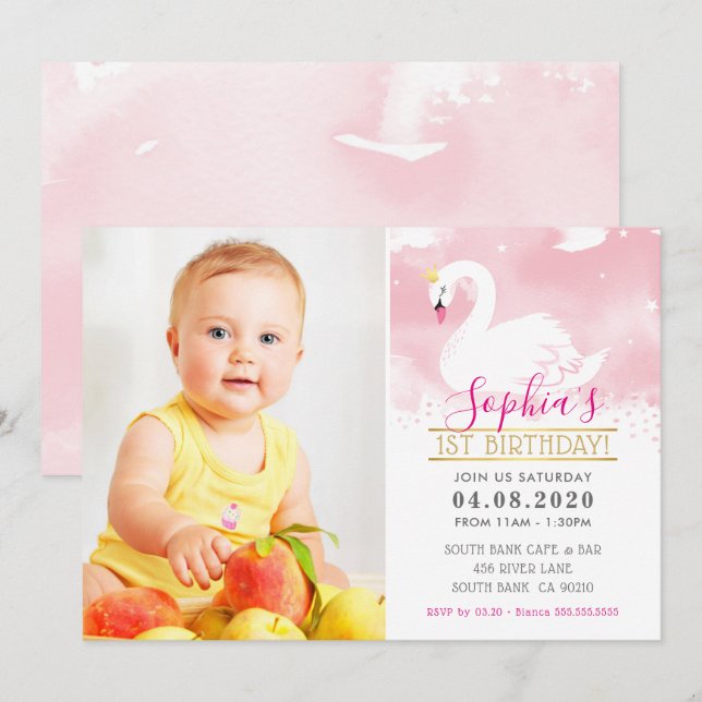 Invitation PHOTO ANNIVERSAIRE DE ENFANT PARTY cygne princesse (Devant / Derrière)