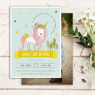 Invitation Photo Anniversaire de la licorne rose jaune des en