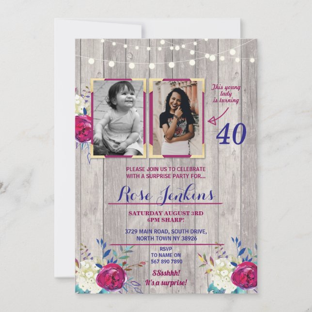 Invitation Photo Anniversaire Floral Purple Wood 2 Photos (Devant)