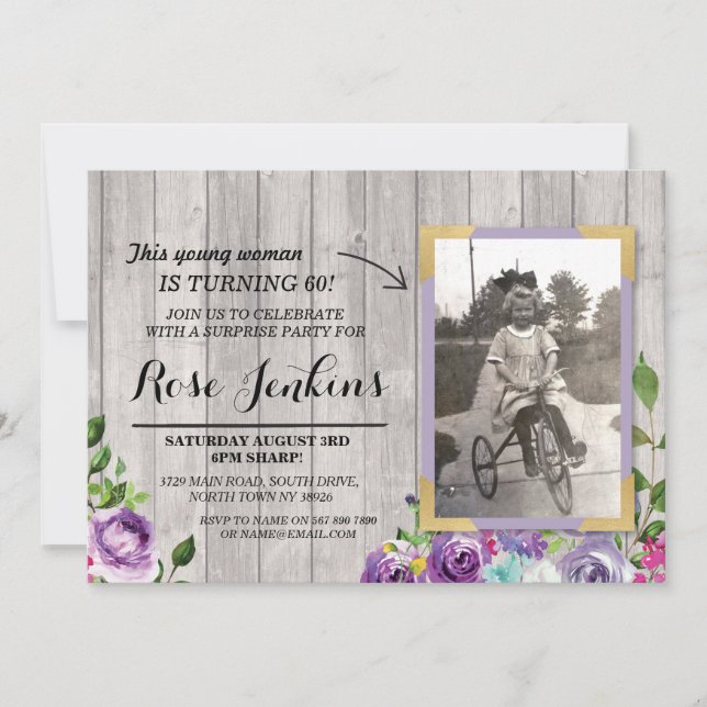 Invitation Photo Anniversaire Floral Rustic Bois violet Invit (Devant)