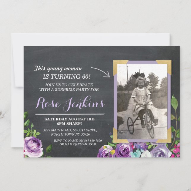 Invitation Photo Anniversaire Floral Rustic Chalk Violet Invi (Devant)