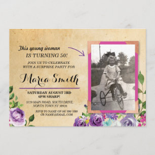 Invitation Photo Anniversaire Floral Rustic Vintage violet In