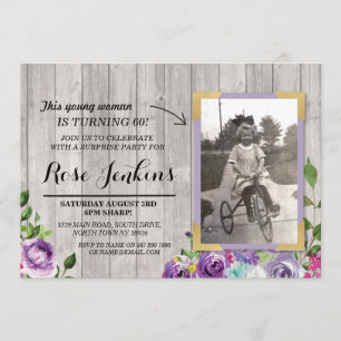 Invitation Photo Anniversaire Floral Rustic Wood Purple Invit