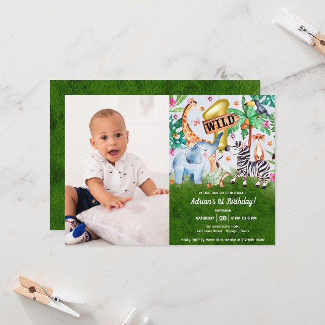 Invitation Photo Anniversaire Jungle Wild One (Devant/Arrière en situation)