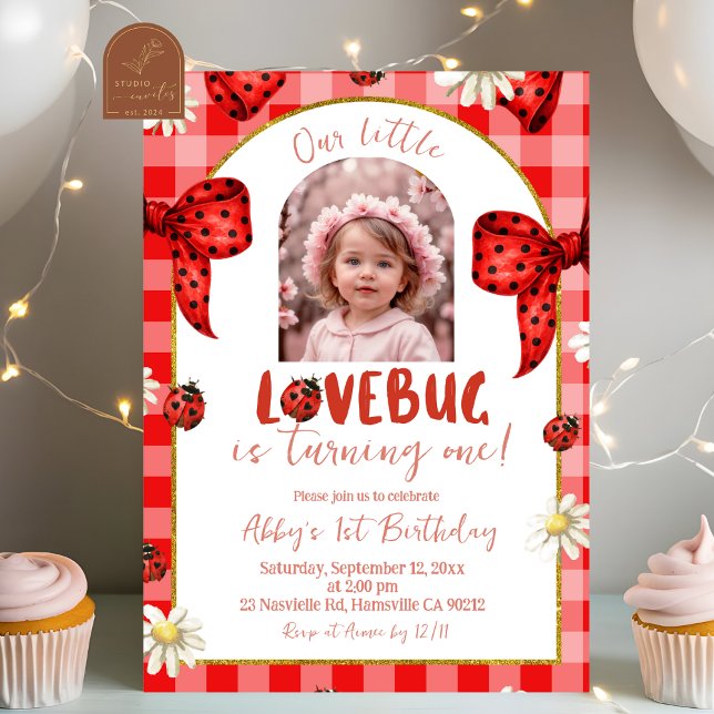 Invitation Photo Anniversaire Lovebug Coquette Nœud à Carreau (Créateur téléchargé)