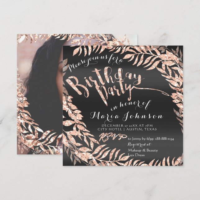 Invitation Photo Anniversaire Rose encadré Or Noir Royal (Devant / Derrière)