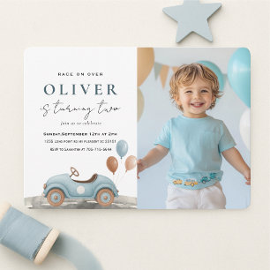 Invitation Photo Anniversaire   Watercolor Blue Car Boys Part