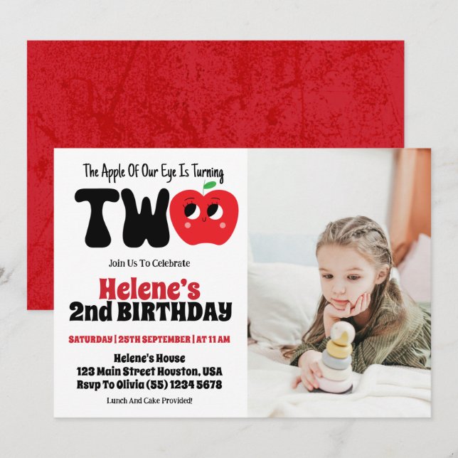 Invitation Photo Apple Of Our Eye Girl 2nd Birthday Party (Devant / Derrière)