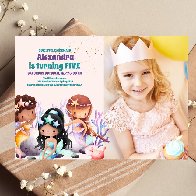 Invitation Photo Aqua Green Gold Petite Sirène Anniversaire (Créateur téléchargé)