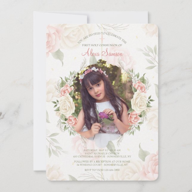 Invitation photo aquarelle avec cadre floral (Devant)