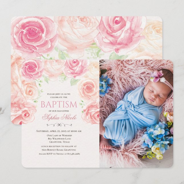 Invitation photo aquarelle baptême floral (Devant / Derrière)